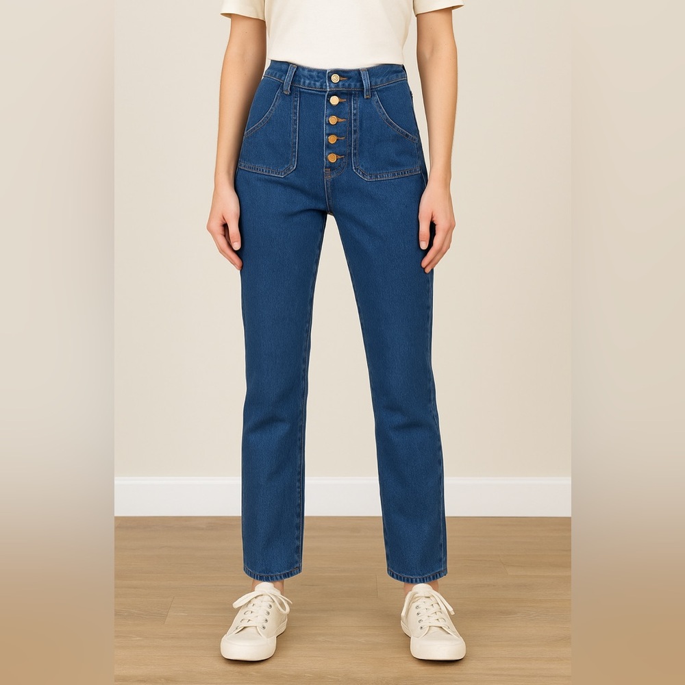 High-Waisted Blue Button-Fly Jeans